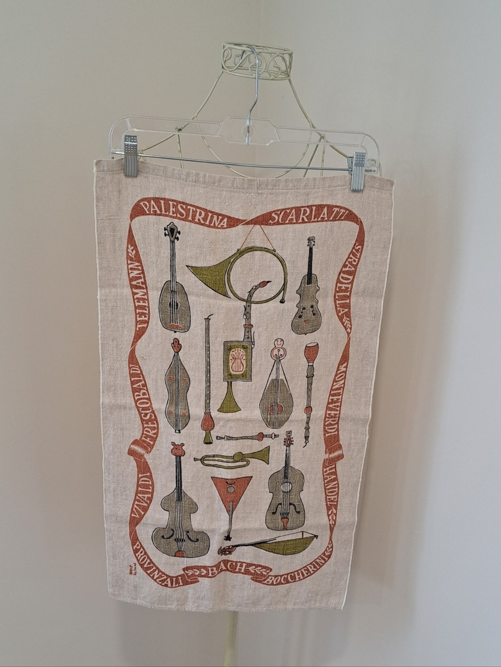 Vintage 1960s Linen Instruments And Composers Grandmacore Mid Century Tea Towel.